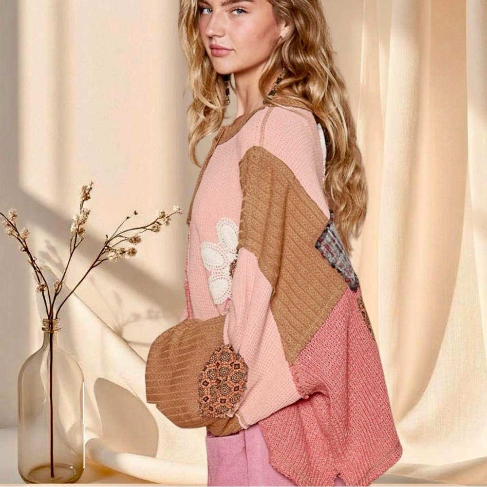 POL Patchwork Knit Henley Pullover Oversized Boho Slouch Sweater Apricot Multi - Picture 3 of 7
